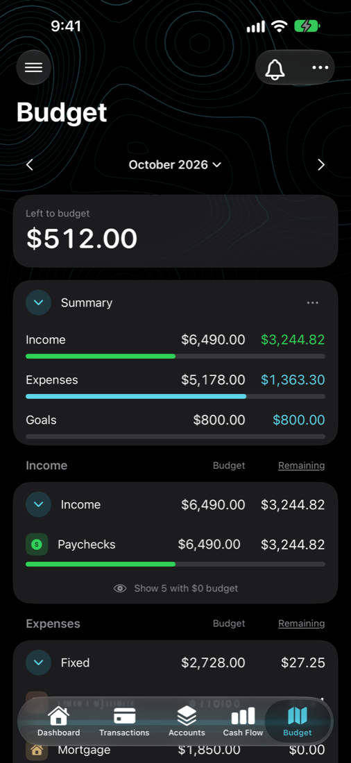 Budget screen with income, expenses and goals